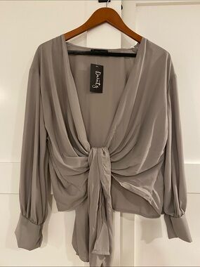 Taupe Tie-Front Blouse - Women Tops